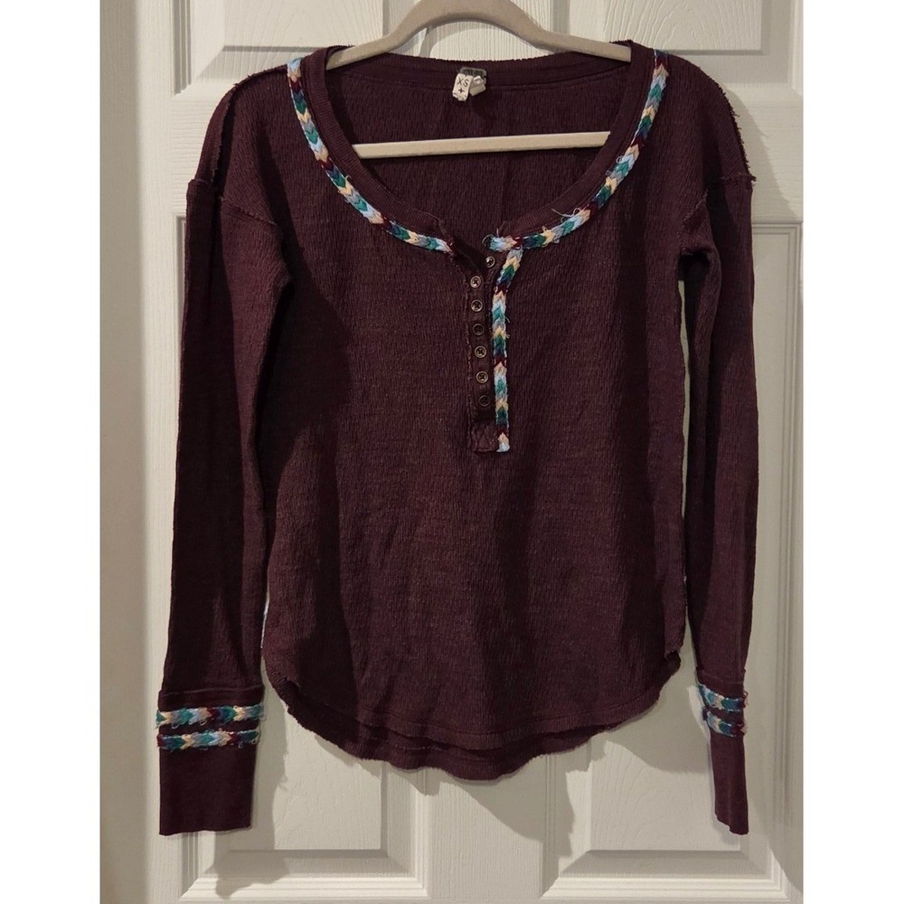 Free People We The Free Thermal Henley XS Burgundy Multicolor Trim Boho Top